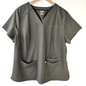 Koi Next Gen Scrub Top 2X Dark Olive Green V-Neck Utility Pockets Womens